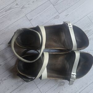 Birkenstock Women’s Metallic Silver Two-Strap Ankle Sandals